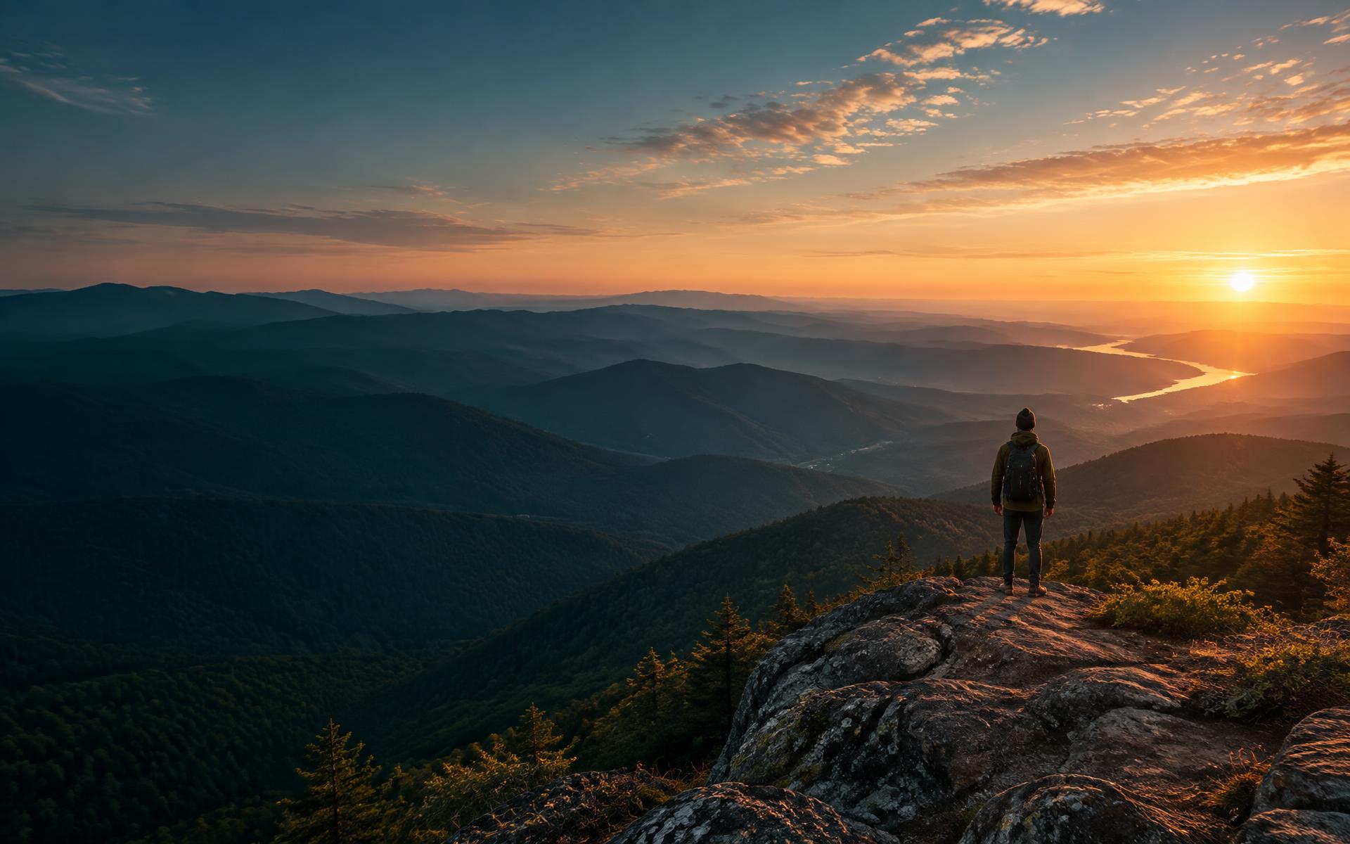 A lone traveler looking across mountain ridges toward sunrise